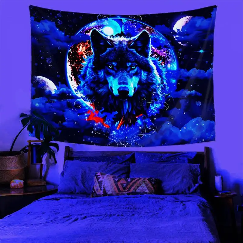 UV-Reactive Wolf King Tapestry - Glow in the Dark Colorful Black Night Sky with Moon & Stars, Anime-Inspired High-Quality Polyester Wall Hanging, Home Bedroom Holiday Decor, Ideal Gift (No Electricity Needed, 60x40 in) summerwins