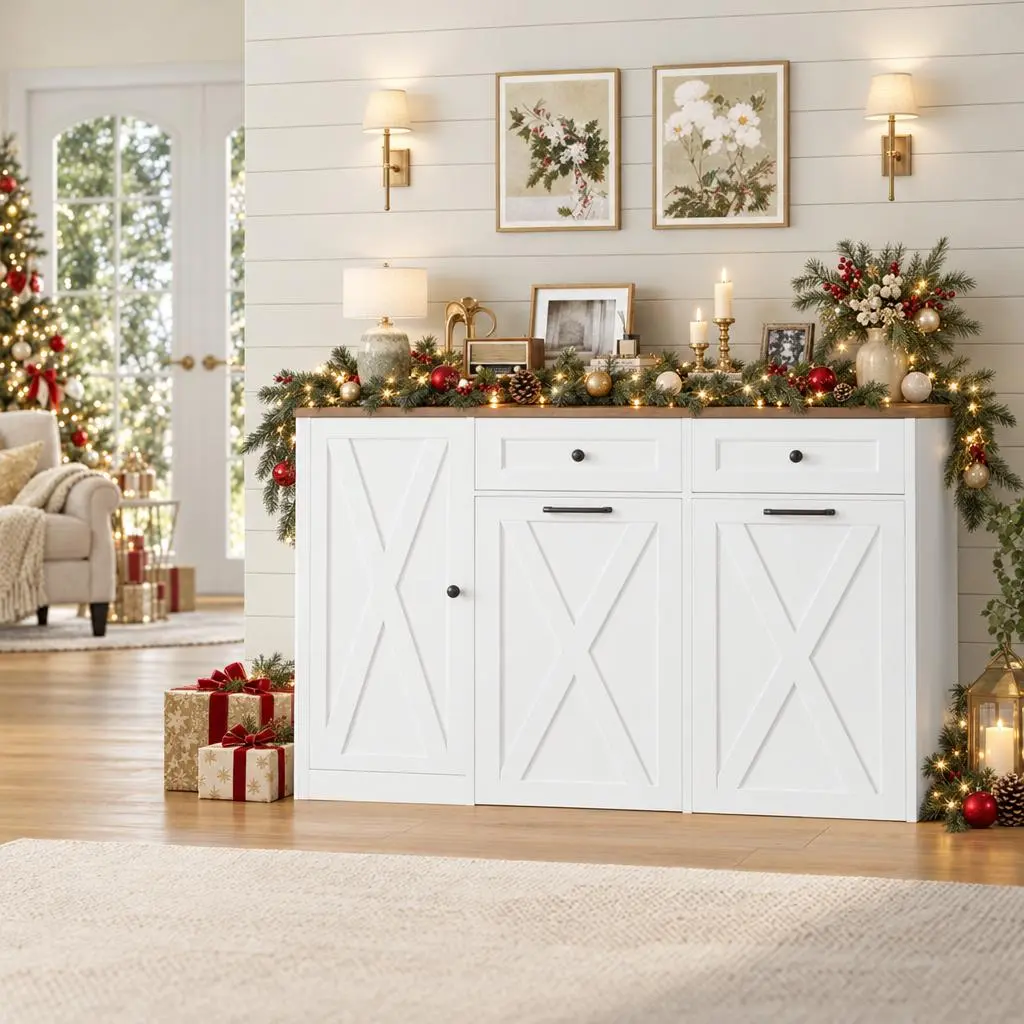 【Black Friday】HOSTACK 47" Modern Storage Cabinet, Farmhouse Sideboard Buffet with Double Pull-Out Trash Cans, Hidden 12.5 Gal Bins, Kitchen Storage Cabinet for Dining Room, Christmas Gift, Home essentials