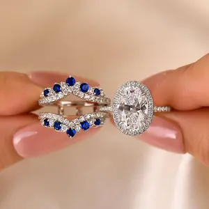 Maxine CZ 4.0ct Oval Cut Insert 2PC Engagement Ring Set, White & Blue Stone Bridal Ring Set,5A Cubic Zirconia Women's Ring Jewelry,Wedding Ring Set for Daily,Travel,Proposal,Birthday,Anniversary