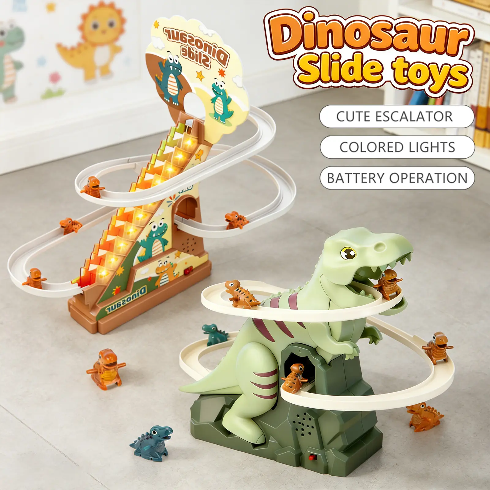 Dinosaur stair climbing toy-electric track sliding lamp children's music. Children's dinosaur automatic climbing toy safety interactive slide rail set. Children's dinosaur sliding toy-educational stair climbing electric set