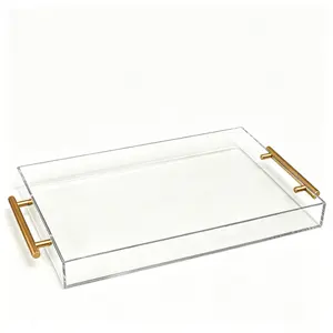Acrylic tray 16×12 inches, transparent tray with gold metal handle, suitable for decorating coffee, appetizers, snacks, and breakfast; ideal for bathroom, vanity, kitchen, and living room.