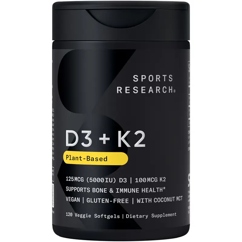Sports Research Vitamin D3 + K2 with 5000iu of Plant-Based D3 - 100mcg of Vitamin K2 as MK-7 - Non-GMO Verified & Vegan Certified - 120 Veggie Softgels
