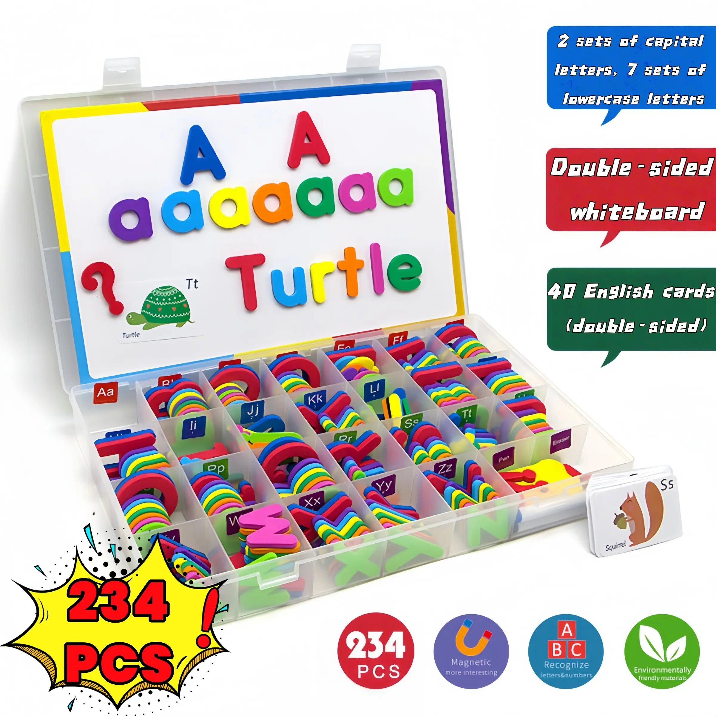 Magnetic Letter Cognitive Learning Set, 234 Magnetic Letters, Dual Whiteboard, 3 Whiteboard Pens, Eraser, 40 Cards, Storage Box, Learning Materials, Visual Learning Tools