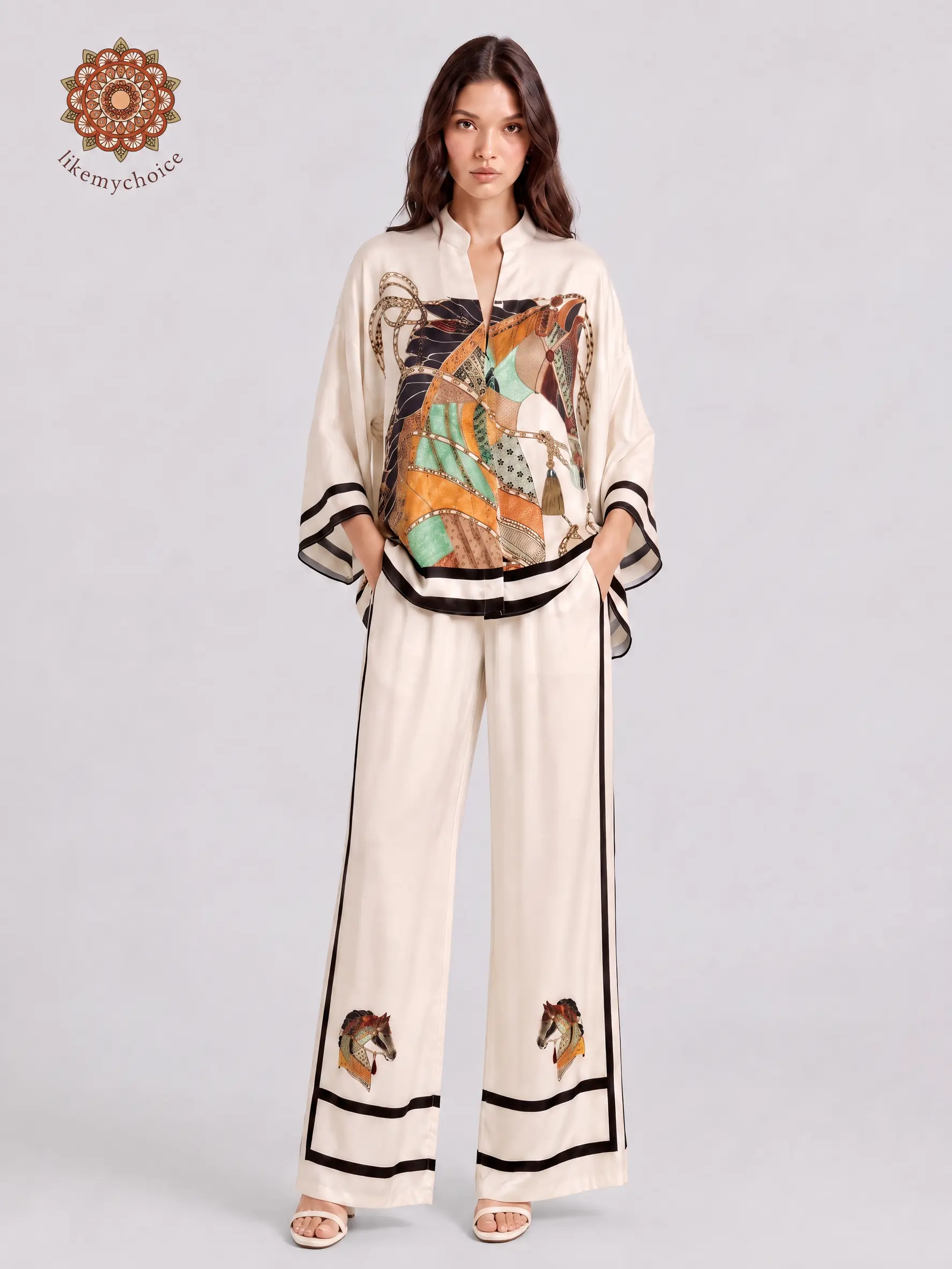 LikeMyChoice Women Horse Print 2 Piece Outfit Stand Collar Kimono Sleeve Top & Wide Leg Pants Matching Set Elegant Vacation Co-ord Set