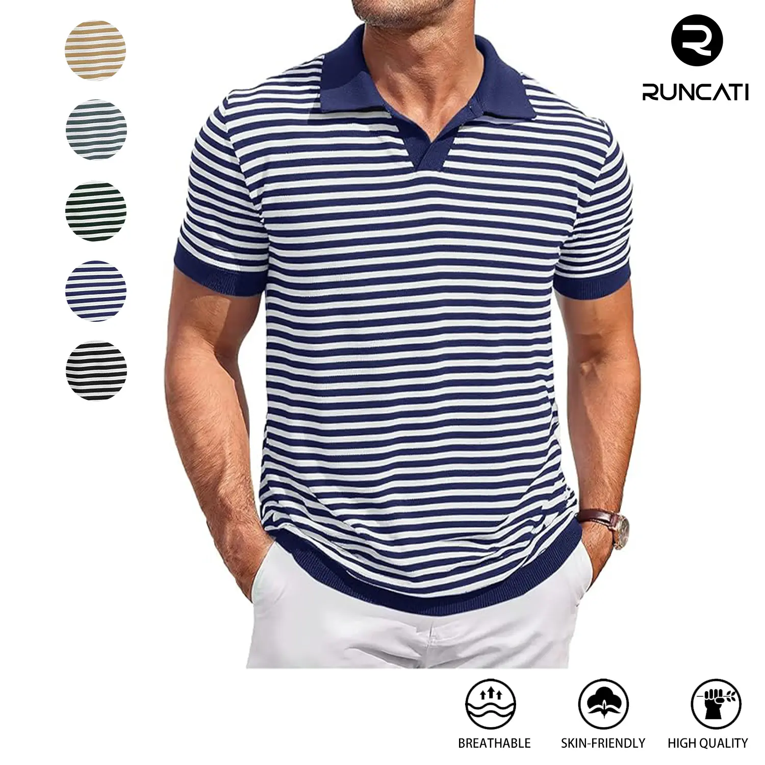 Runcati Mens Knit Polo Shirts Short Sleeve Striped V Neck Golf Shirt Classic Casual Summer Tops