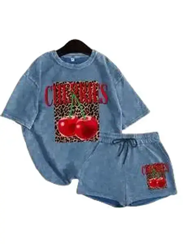 Cherries & Leopard Print Two-Piece Set Women's Casual Short Sleeve T-Shirt & Shorts for Daily Wear Summer Outfits Set