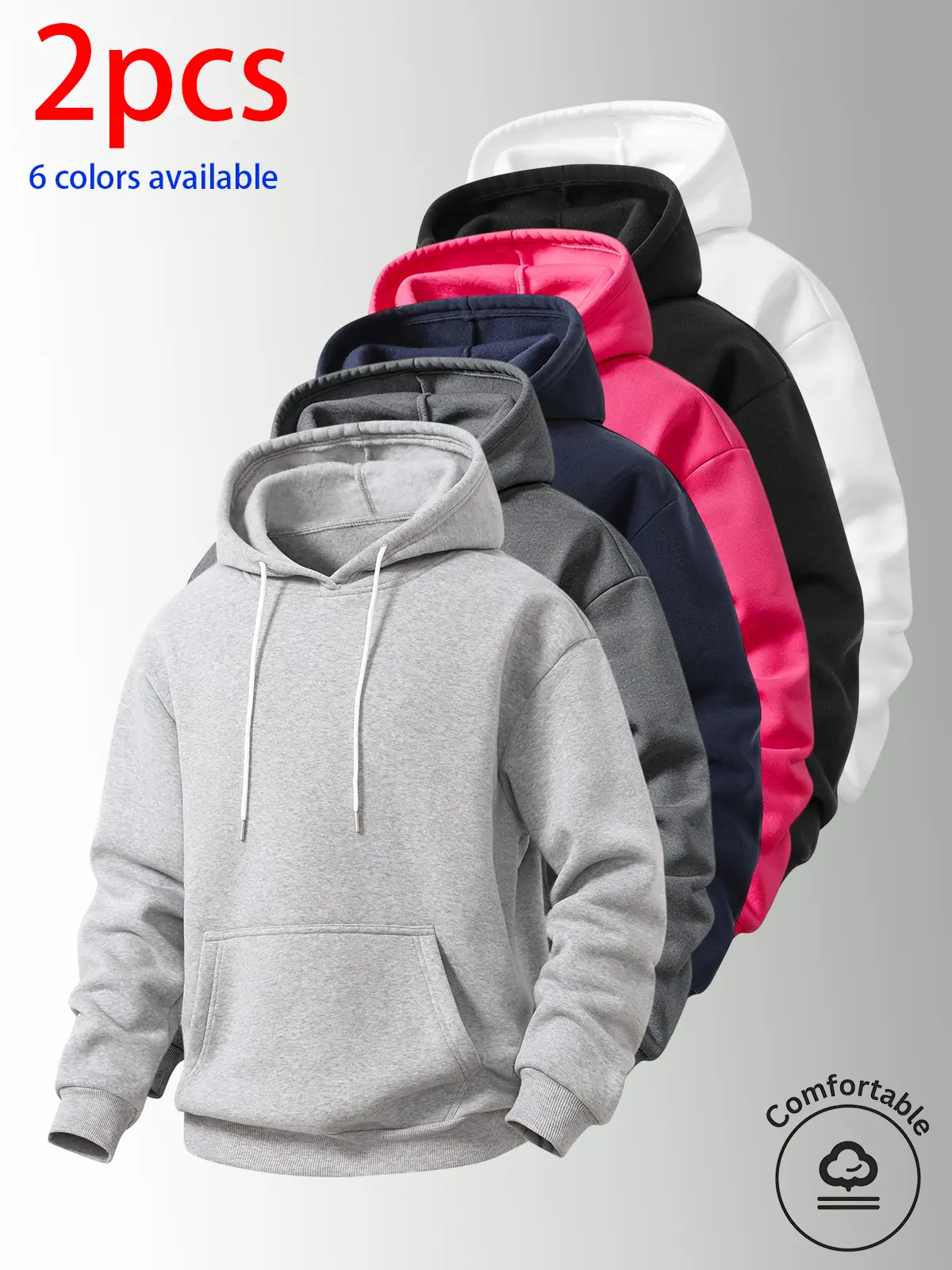 2-pack: men’s hooded sweatshirt, men’s sweatshirt. Loose fit that conceals curves and gives a slimmer look; drawstring kangaroo pockets offer practicality. Soft, comfortable, skin-friendly fabric; minimalist solid-color design; available in multiple color