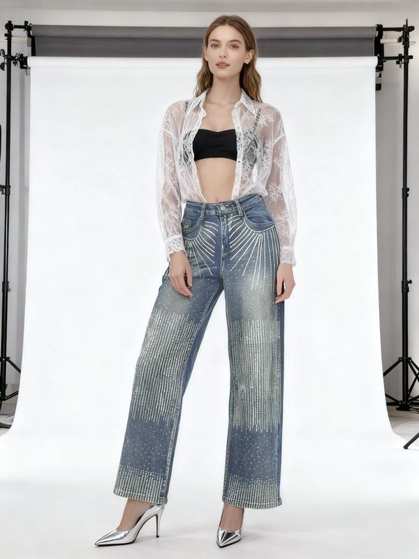 SHEIN BAE Women's Casual Chic Comfortable Sparkly Rhinestone-Embellished Wide-Leg Flare Jeans, Stylish Women's Bottoms for Trendy Outfits