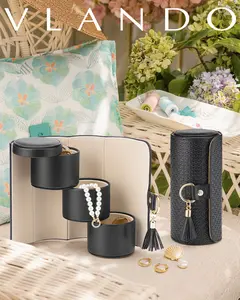VLANDO Travel Jewelry Case for Women, 3-Layer Rotating Jewelry Organizer, Small Portable PU Leather Jewelry Box, Black summerwins