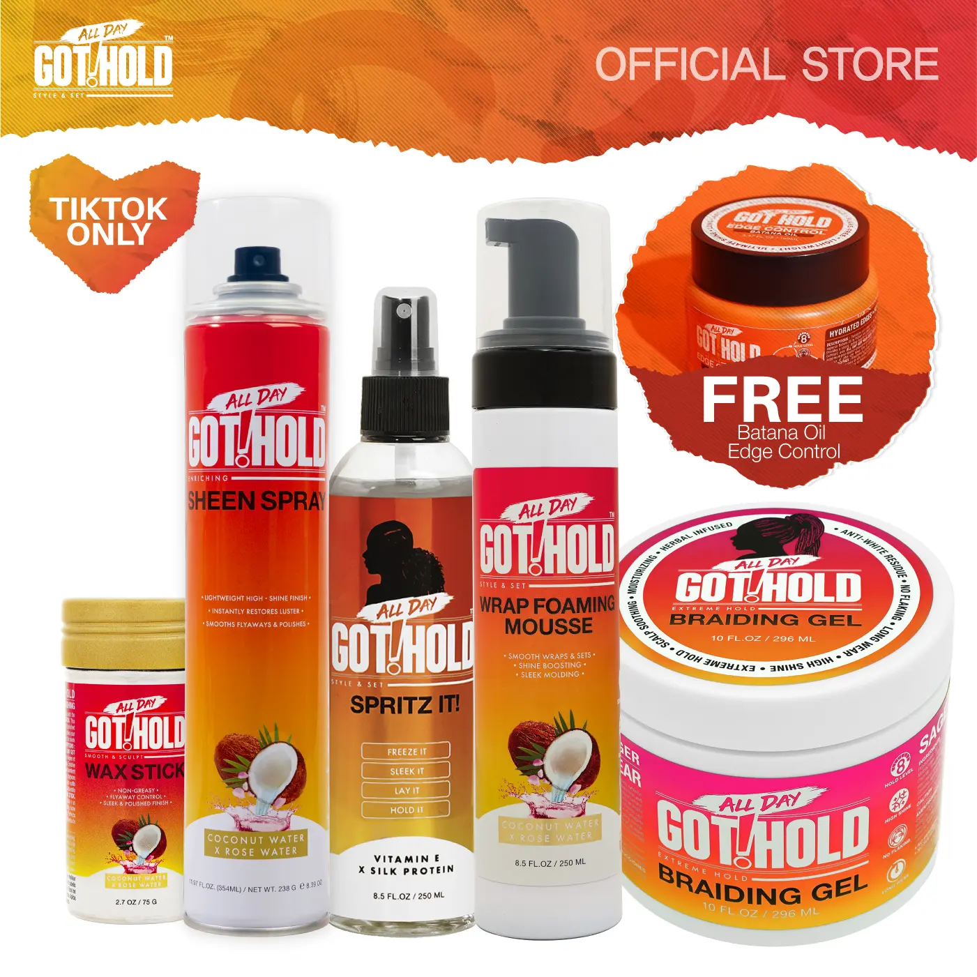 All Day Got Hold | Braiding Gel Kit Bundle | Braiding Gel, Wax Stick, Sheen Spray, Foaming Mousse & Spritz It + Edge Control Free Gift | hair gloss 4c hair styling gel Hair