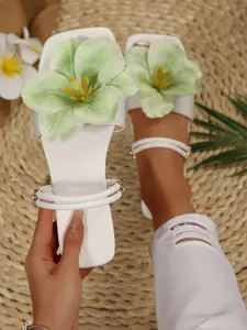 Round Toe Flat Sandals, Retro Thin Strap Flower Design, Slip-On Fashion, Casual Style, Suitable for Commute, Travel, Beach