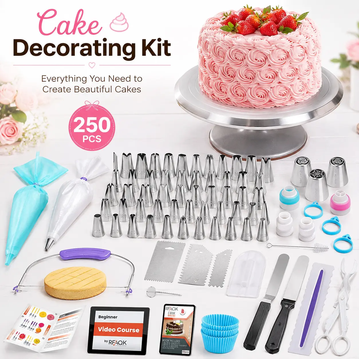250PCS Premium Cake Decorating Kit with Aluminum Turntable, 48 Stainless Steel Piping Tips, Reusable Piping Bags, Cake Scrapers, Spatulas & Complete Baking Supplies for Beginners and Professionals