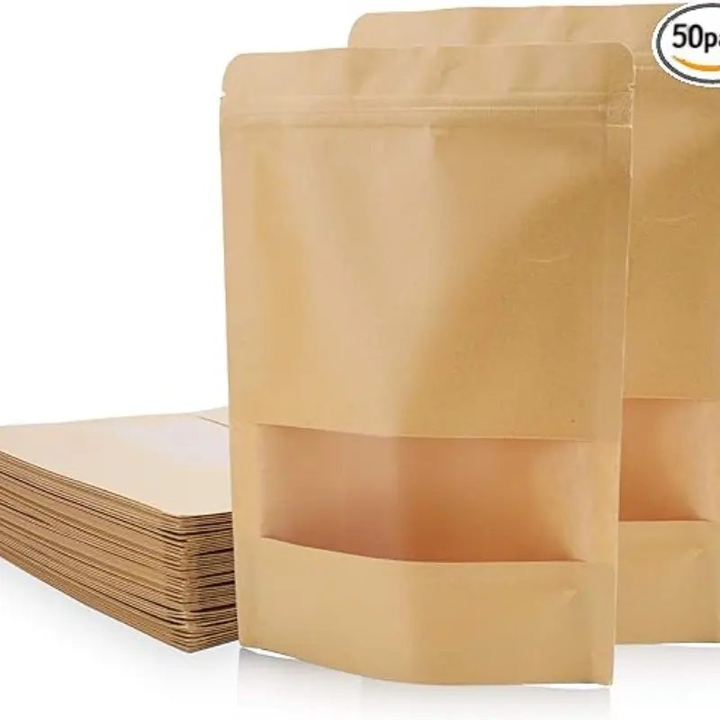 50 Kraft Paper Stand-Up Bags, Food 50 Pcs Kraft Paper Bags with Window, 8.6" x 6" Stand Pouches Bulk Zip Lock Food Storage Bag, Resealable Bags for Small Business,Grade Moisture-Proof Tea Sealed Bags, Reusable Zipper Pouches for Nuts, Grains, Dried Fruits