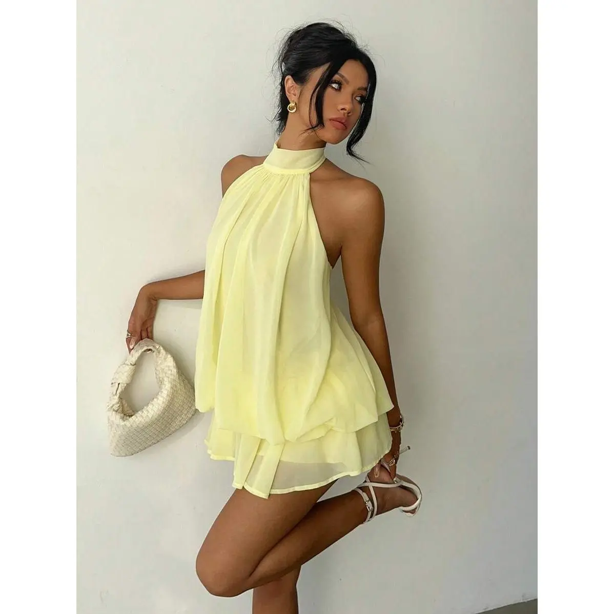 Aloruh Women's Chiffon Elegant Butter Yellow Halter Tie Mini Dress,Women Dating Dress,Women Night Out Dress,Summer Dresses For Women, Honeymoon Outfits Woman .Women Wedding Guest Dress. Island Vacation Outfits,Wedding Guest Dress Women ,Sun Dresses For Wo