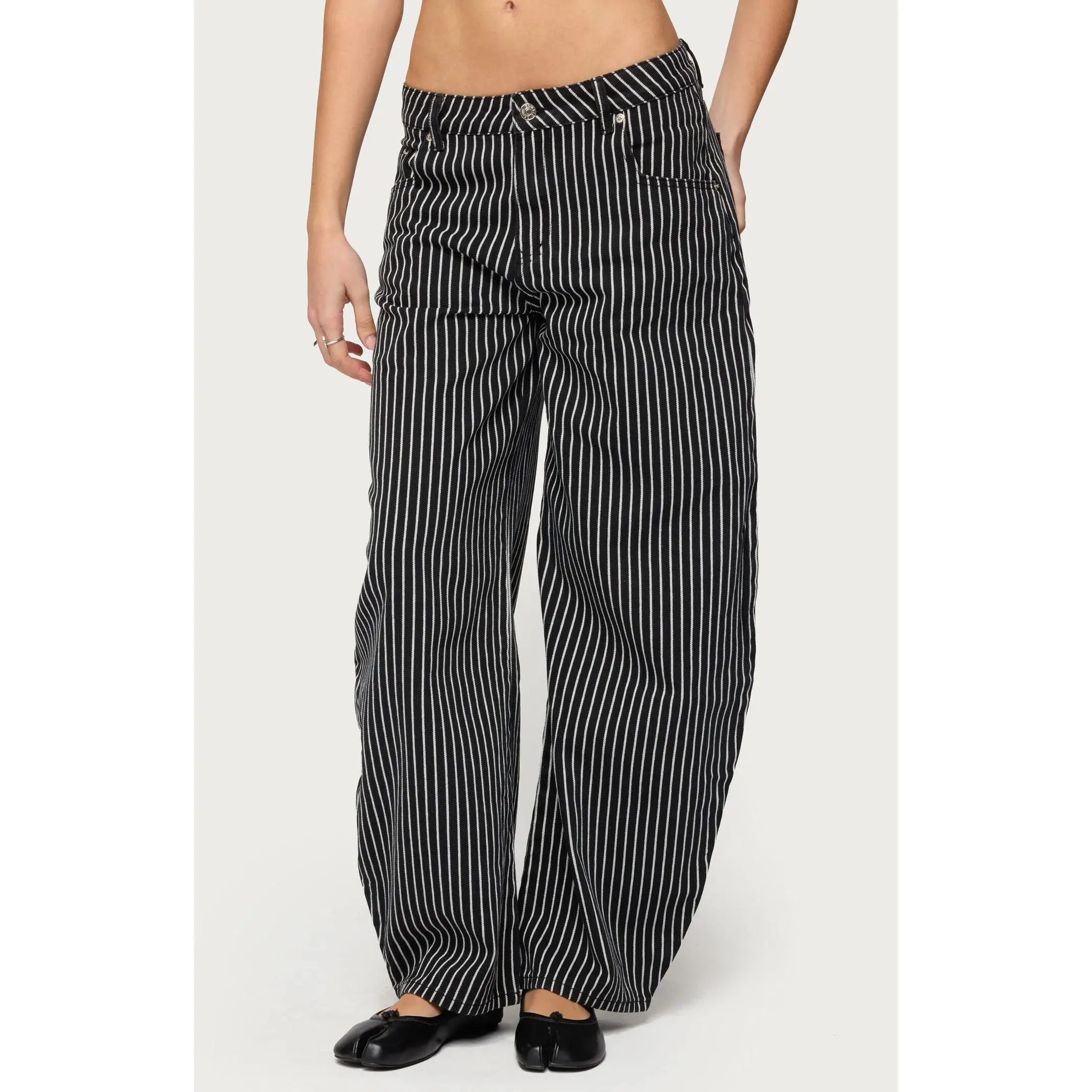 Edikted Women's Pinstripe Low Rise Barrel Leg Jeans