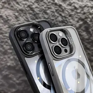 Metal Lens Kickstand Case for iPhone 17 Pro Max 17 Air 16 15 14 13 12 Pro Max compatible with Magnetic MagSafe Charging, with Camera LensProtector, Clear Acrylic Transparent Case