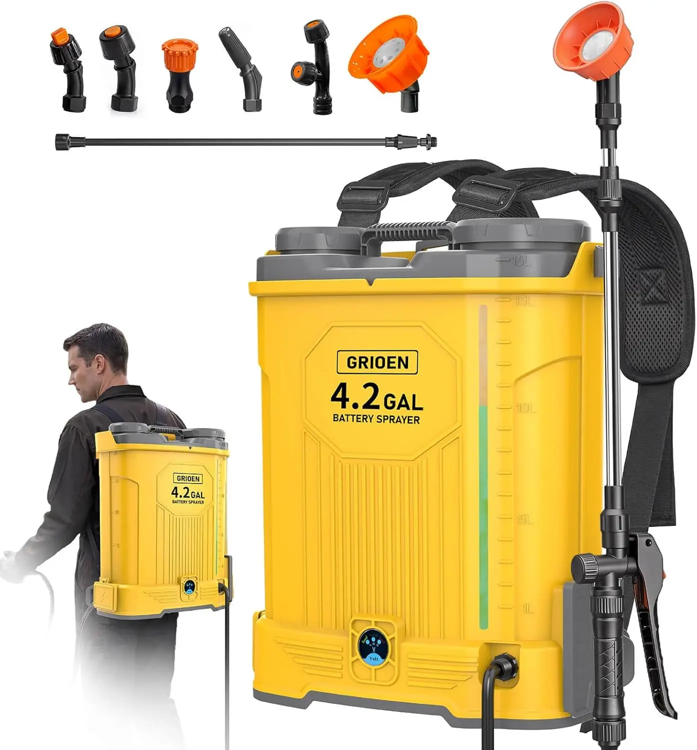 GRIONE Battery Powered Backpack Sprayer Compatible with DeWalt 20V MAX Battery -100 PSI Electric Weed Sprayer 4.2 Gallon, Yard Garden Sprayer (No Battery) with Visible Water Level for Lawn, Garden, Yard