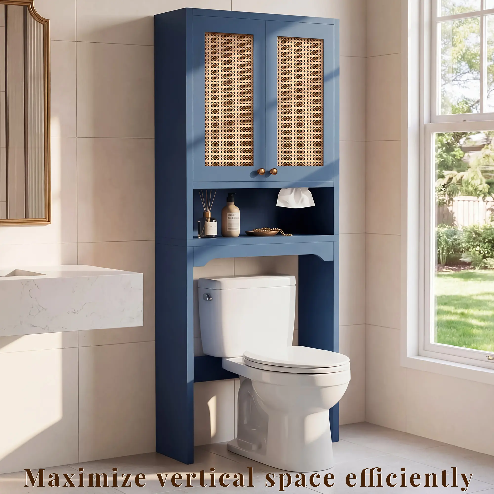 OMCHOM Over The Toilet Storage Cabinet, Farmhouse Storage Cabinet with Wooden Floor, Rattan Door, 1 Drawer & Open Storage for Bathroom , Toilet Rack for Bathroom, Laundry Furniture Organizer – Easy to Assemble, Built to Last
