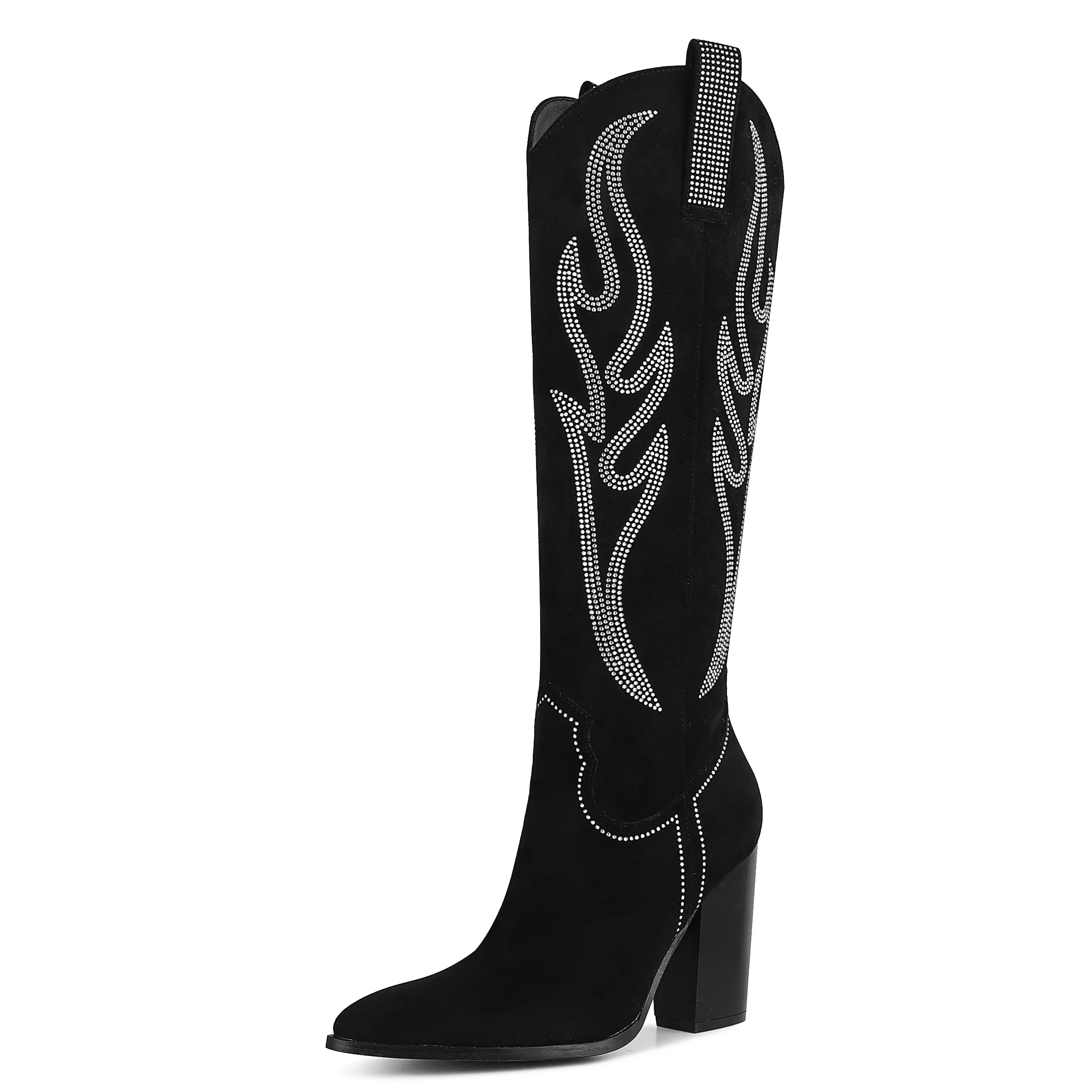 Women's Western Cowgirl Boots, Mid Calf Footwear with Rhinestone Embroidery, Pointed Toe and Chunky Block Heel