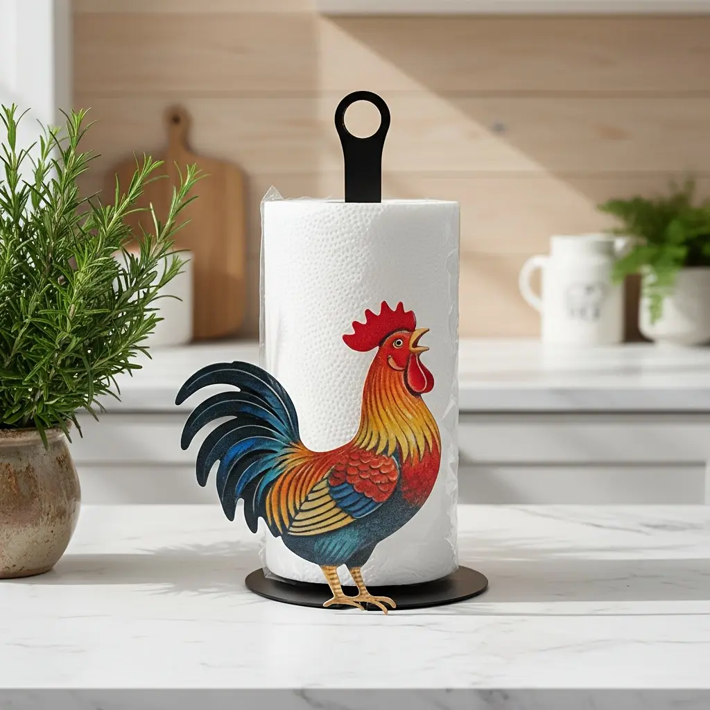 Farmhouse Rooster Paper Towel Holder, Tissue Holder for Kitchen - Rustic Metal Countertop Paper Towel Dispenser Standing, Country Kitchen Decor & Housewarming Gift Idea. Desktop Organizer for Countertop, Mother's Day Gift