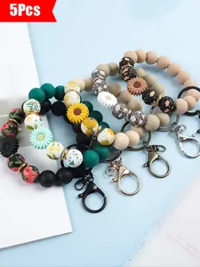 Mother's Day Gift 5-Piece Daisy Beaded Wrist Keychain Set, Vintage Floral Leopard Print, Unique Patterned Beads, Decorative, Perfect Gift for Friends & Holidays