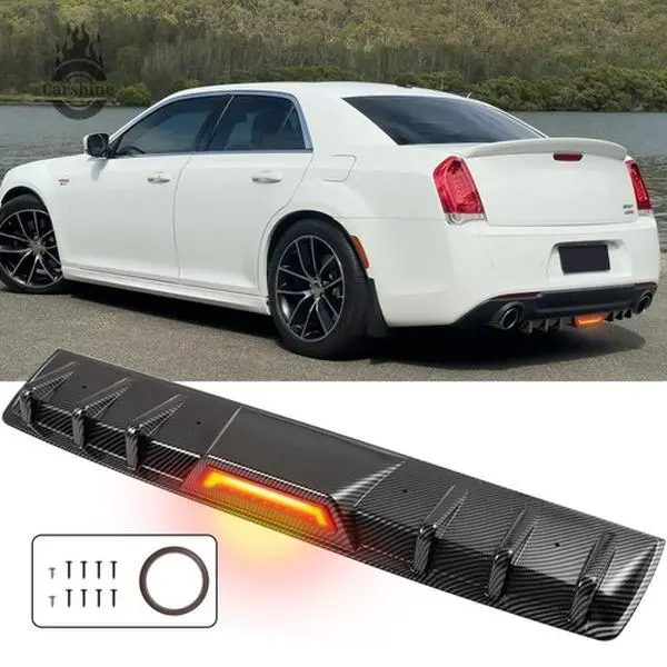 Carbon Fiber Rear Bumper Diffuser Spoiler with LED Tail Brake Light, ABS Plastic Rear Lip for Chrysler 300/300C, 34" Length, Screw Mount Auto Replacement Bumper Part, Length 34"