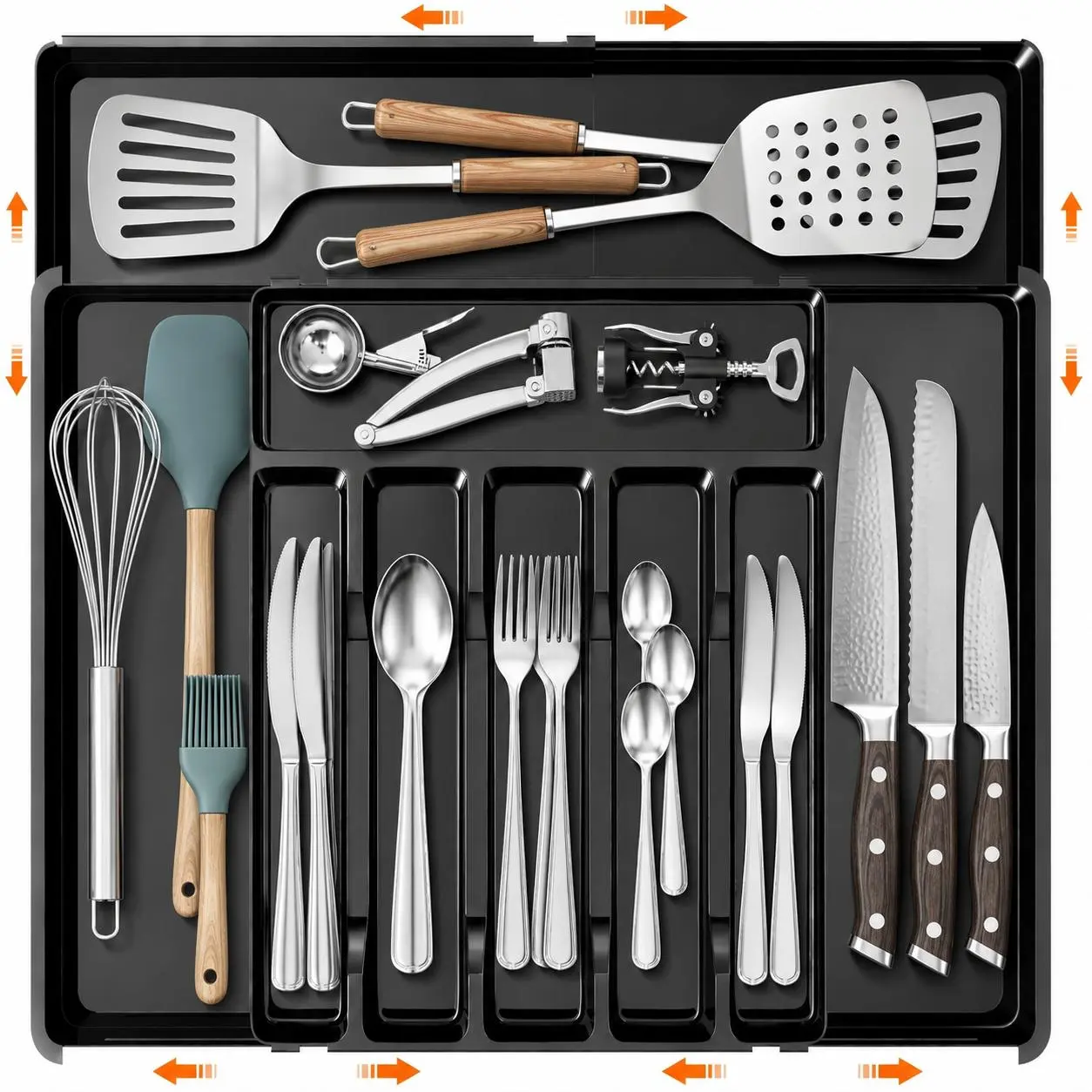 【DealsForYouDays】Snofrid Large Expandable Silverware Drawer, BPA Free Kitchen Silverware Drawer Organizer, 9 Slots Cutlery Utensil Tray with Dividers, Adjustable Flatware Storage Holder for Spoons Forks Knives