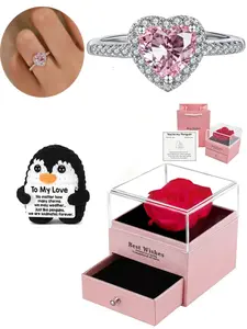 Heart Diamond Sparkling Stone Open Ring, Heart Cluster Ring, Handmade Crochet Penguin, Valentine's Day Gift Jewelry, Minimalist Rose Flower Box