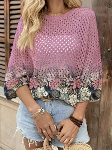 Spring Summer Women's Hollow Out Batwing Sleeve Knit Top, Colorblock Floral Print, Casual Elegant Commuter Wear, Boho Beach Cover-Up, Beach Cover Ups