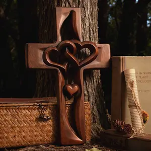 Intertwined Heart Wooden Cross Religious Home Decor Christian Symbols Ideal Spiritual Gifts Multi-Functional Symbol 25x16x1.8 CM Ornaments for Spiritual Spaces - Room
