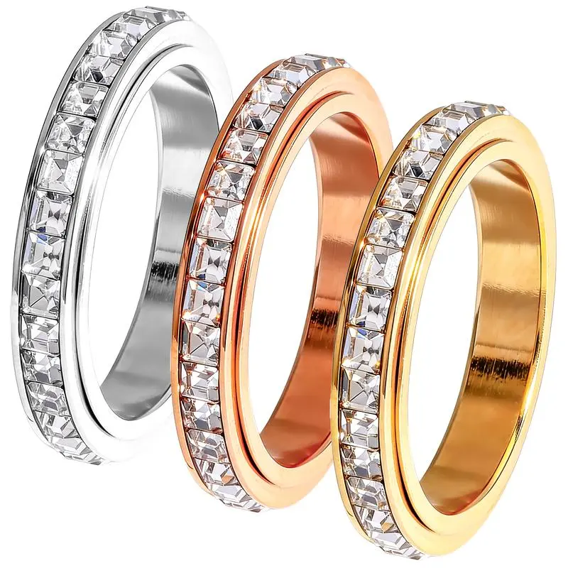 3-Piece Crystal Rings for Women, Stackable Spinner Bands for Anxiety Relief, Gold, Silver & Rose Gold Tone Fidget Jewelry Set for Daily Wear, Ring Stack, Three Colors
