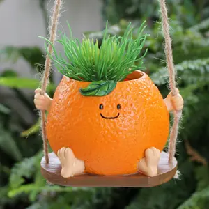 Cute Swing Smiley Face Orange Flower Pot, Creative Hanging Succulent Planter, Decorative Garden Patio Balcony Outdoor Ornament Vase, Novelty Home Yard Hanging Plant Pot for Plant Lovers