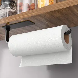 Paper Towel Holder - Self-Adhesive or Drilling, Matte Black, Upgraded Aluminum Kitchen Roll Dispenser Under Cabinet, Lighter but Stronger Than Stainless Steel!