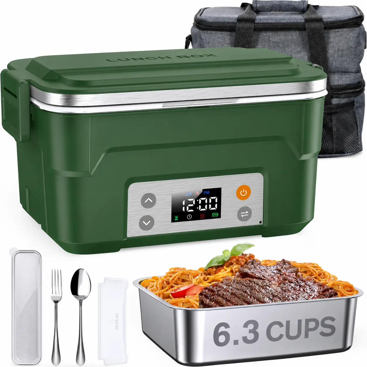 Docusvect Battery Powered Self Heating Lunch Box 6.3 Cups, Cordless Electric Food Heater with 27000mAh Rechargeable Battery & Mealtime Timer, 220°F Portable Thermal Lunch Box for Work, Truck, Camping, Full Kit,Green