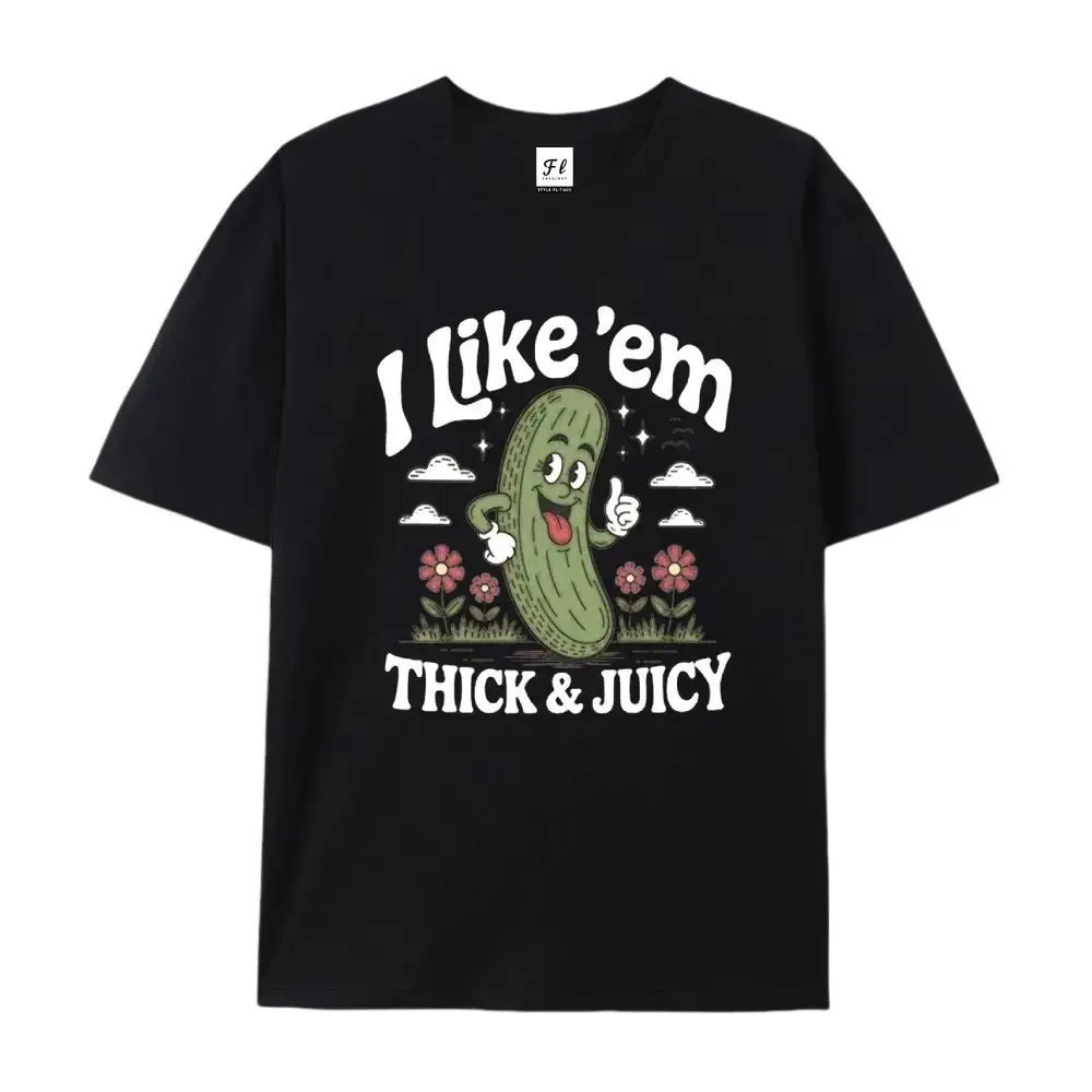 I Like 'Em Thick & Juicy Funny Pickle Graphic Oversized T-Shirt, Retro Cartoon Pickle Pun Tee, Comfort Casual Fashion Outfit, Perfect Gift for Pickle Lover Him Her Friend, Ideal Birthday Holiday Gift