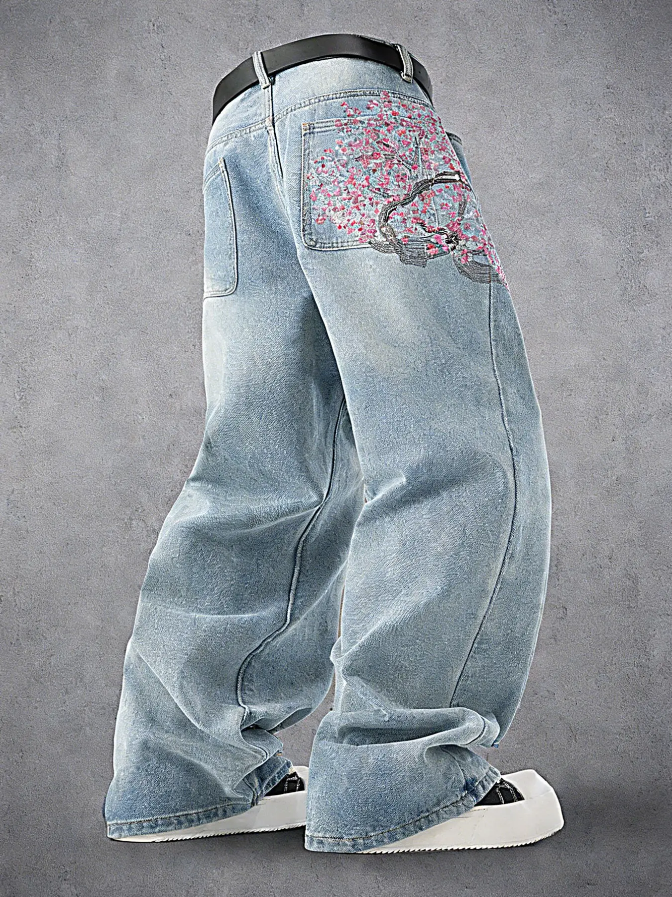 Men's Vintage Y2K Style Loose Wide Leg Jeans, Cherry Blossom Floral Embroidery, Pocket embroidery is not available，Street Fashion, Hip Hop Boyfriend Pants, Streetwear, All Seasons