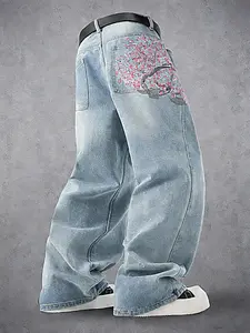 Men's Vintage Y2K Style Loose Fit Light Wash Denim Jeans, Floral Embroidery Pocket Straight Leg Jeans, Street Fashion Streetwear Hip Hop Boyfriend Pants