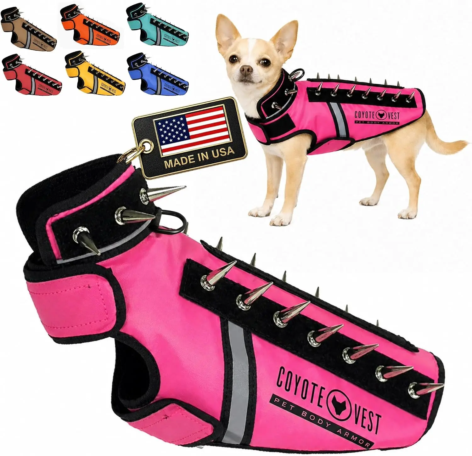 CoyoteVest SpikeVest | Stab-Resistant Protective Vest | Coyote Vest & Harness for Dogs | Defends Against Coyotes, Dogs, Birds of Prey | Reflective Safety, Made in USA
