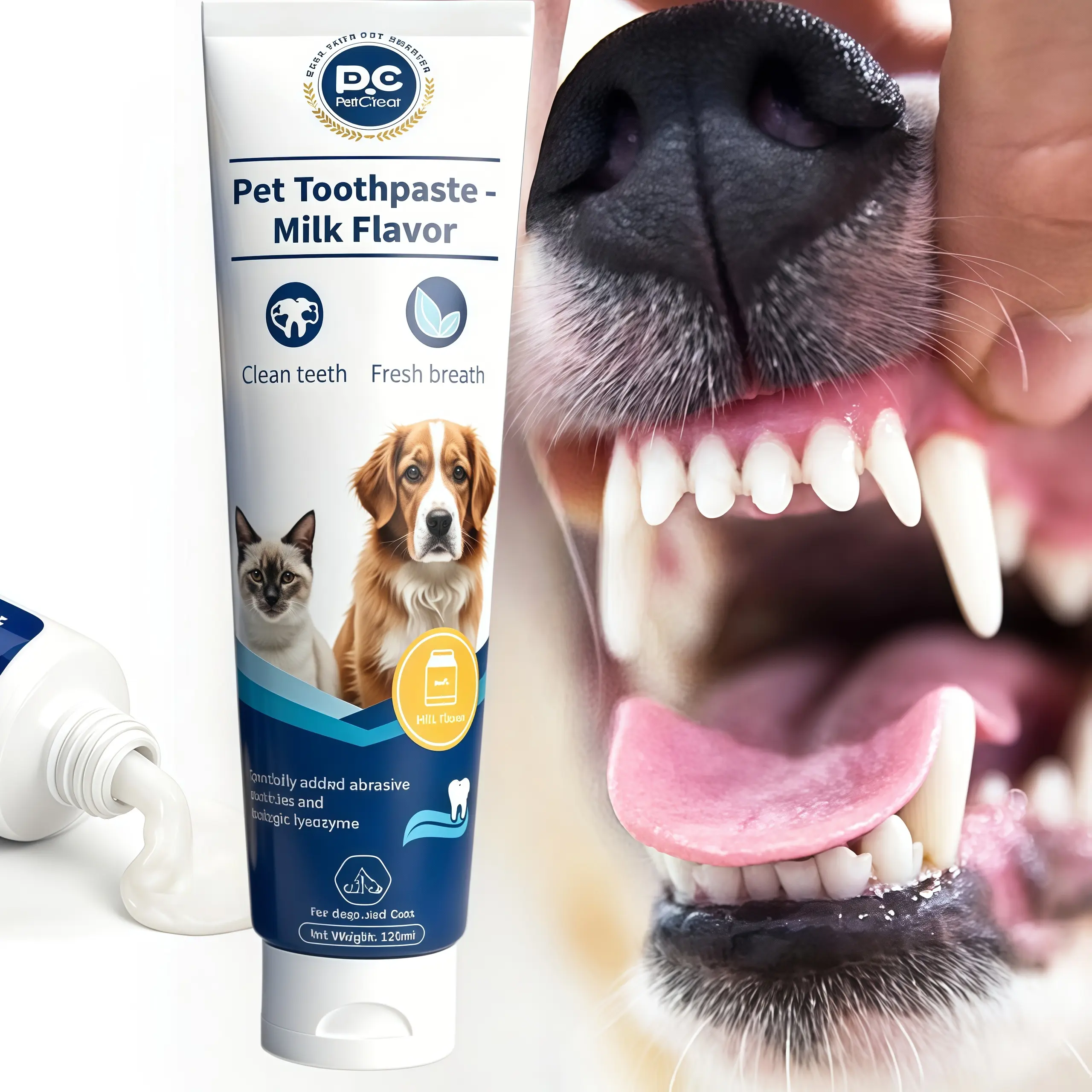 PetClear Dog & Cat Toothpaste, Chicken & Milk Flavor Oral Hygiene Paste with Enzymes, Plaque & Tartar Care, 4.23oz/120ml