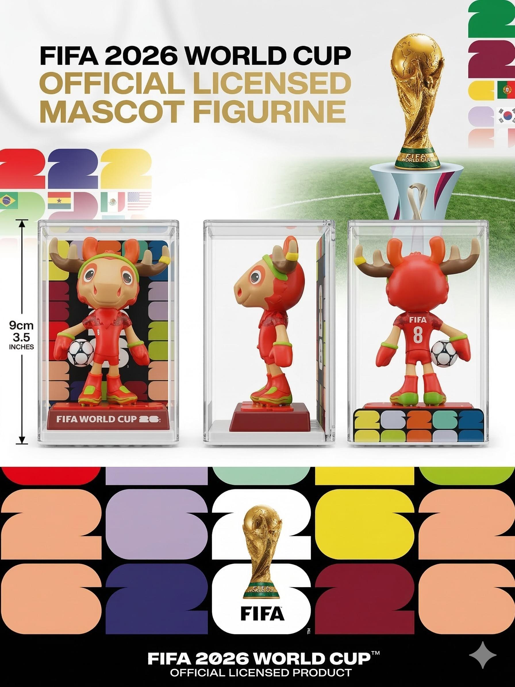FIFA 2026 World Cup Mascot Figurine Set - Limited Edition Collectible Figurines Featuring Eagle Clutch, Moose Maple, and Jaguar Zavu - High-Clarity Display Case & Exclusive "26" Pitch Base
