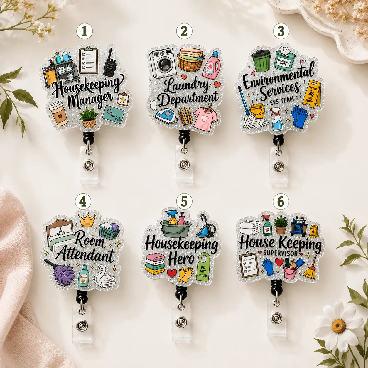 Housekeeping Badge Reel, Housekeeping Staff Badge Holder, Hotel Cleaning Crew ID Clip, Laundry Department Badge Reel, Environmental Services Badge Holder, Room Attendant ID Reel, Housekeeping Supervisor Gift