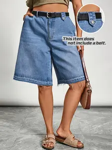 KCGH 26SS Spring Summer Womenswear Plus Size Blue High Waist Bermuda Denim Shorts Boho Western Style Casual Vacation Beach Outfits for Curvy Women