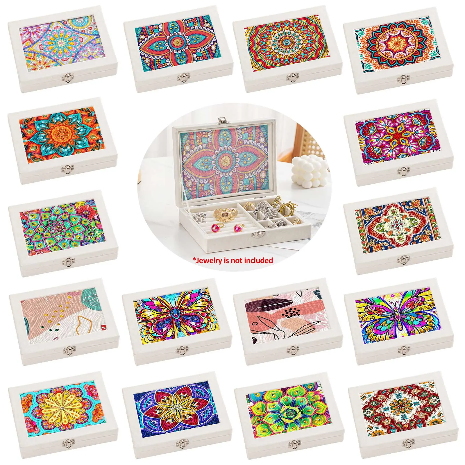 Women's 5D Special-Shaped Diamond Painting PU Leather Jewelry Box - DIY Handmade Portable Rhinestone-Embellished Large Compartmentalized 1-Piece Jewelry Safe Storage Holder for Stud Earrings, Rings, Necklaces, Bracelets Gifts, Women Gifts, Rectangle, Wate