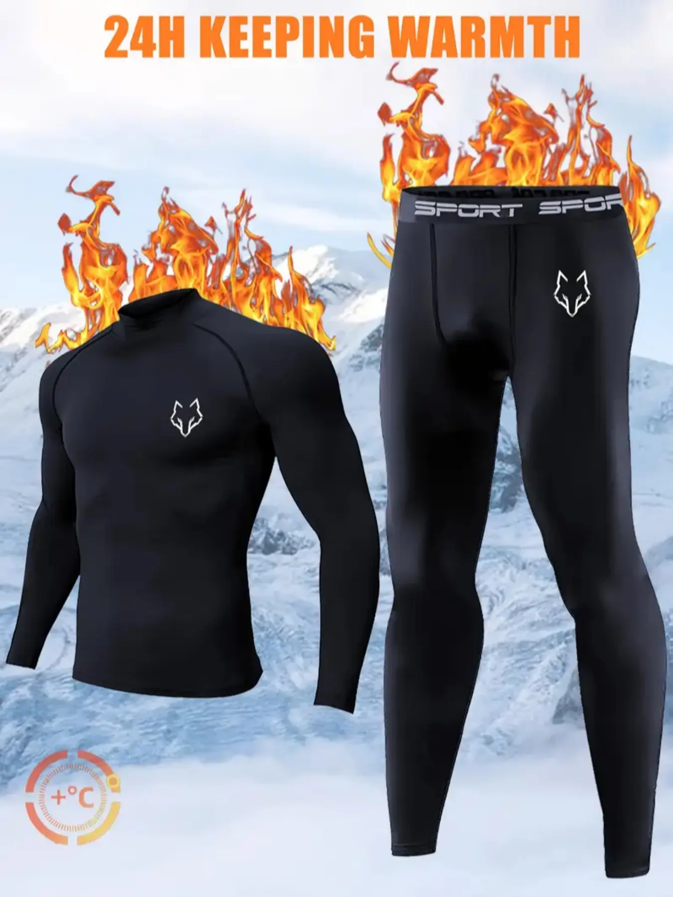 2PCS Men's Thermal Stretchy Sports Underwear Set – Black Compression Base Layer with Wolf Logo | Warmth Retention, Winter Long Johns for Skiing, Hiking, Outdoor Sportswear, Sports Clothes for Cold Weather, Sports Leggings, Under Clothing, Inner Wear