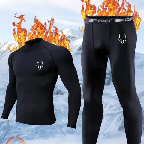 2PCS Men’s Thermal Underwear Track & Field Set – Black Base Layer with Wolf Logo |  Warmth Retention, Winter Long Johns for Skiing, Hiking, Outdoor Cold Weather Sportswear