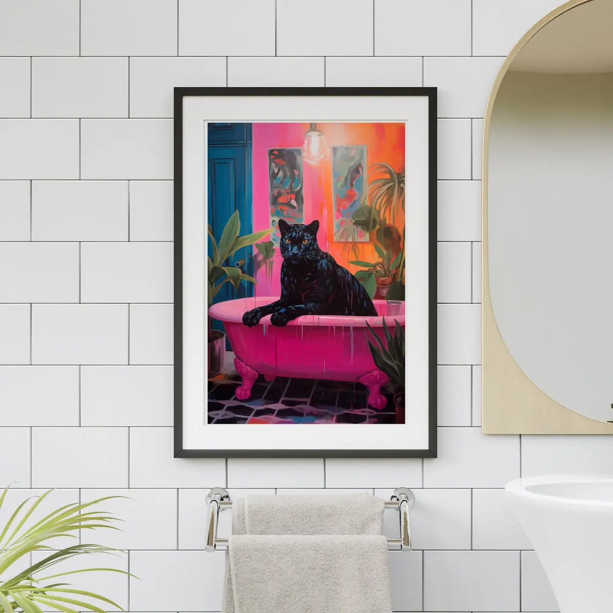 Unframed, Room Decor, Panther in a Bath Print, Dopamine Decor, Pink Kitsch Aesthetic, Preppy Wall Art Trendy Decor Bathroom Wall Art, Maximalist Bathroom Wall Art