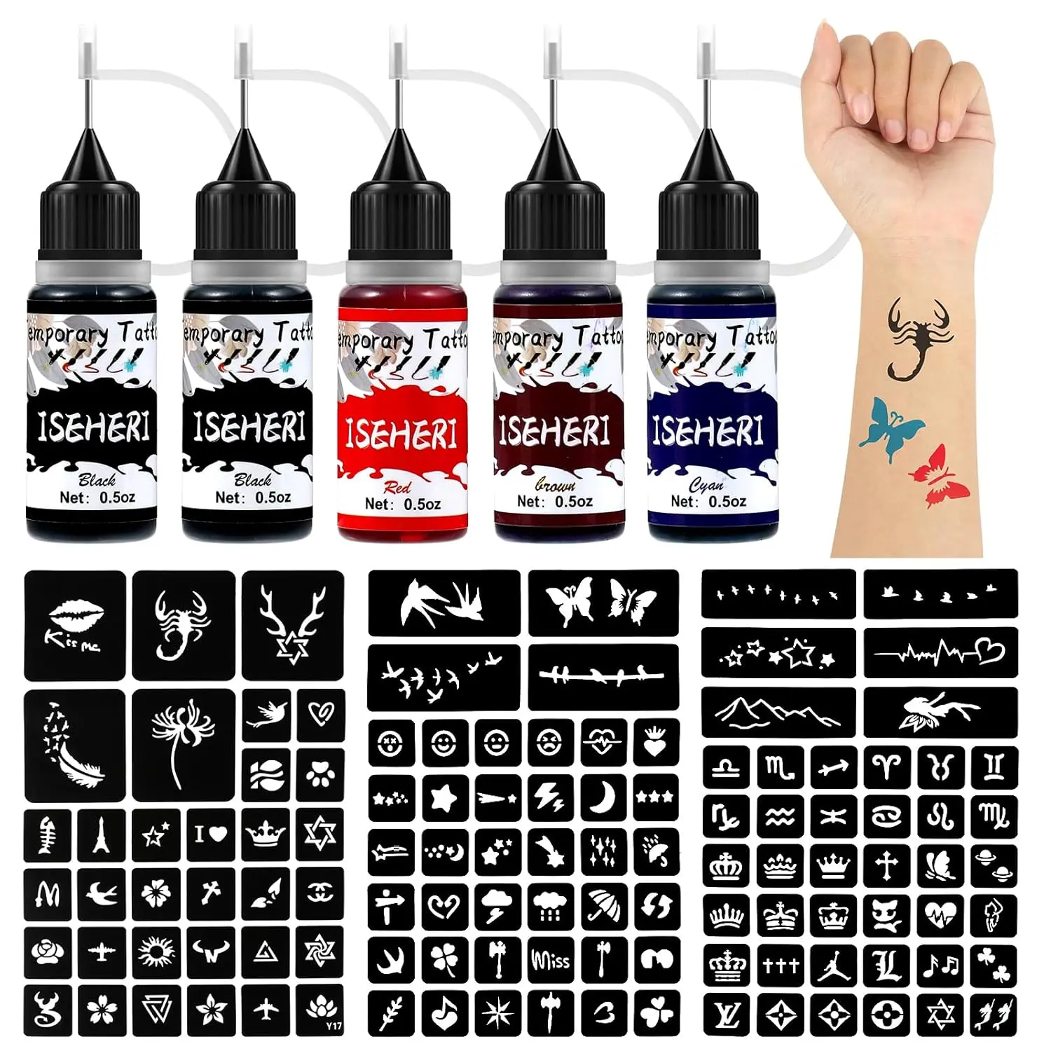 Temporary Tattoo Kit 5 Bottles Color Inks,115 Pcs Stencils Kit for Body Paint DIY Fake Tattoos for Kids(black*2, brown, red, cyan), Body Makeup, Tattoo Art