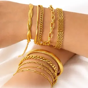 5-Piece 18K/14K Gold Plated Jewelry Set – Ring, Bracelet, Earrings & Layered Chain Necklace | Luxury Stack Women Collection.