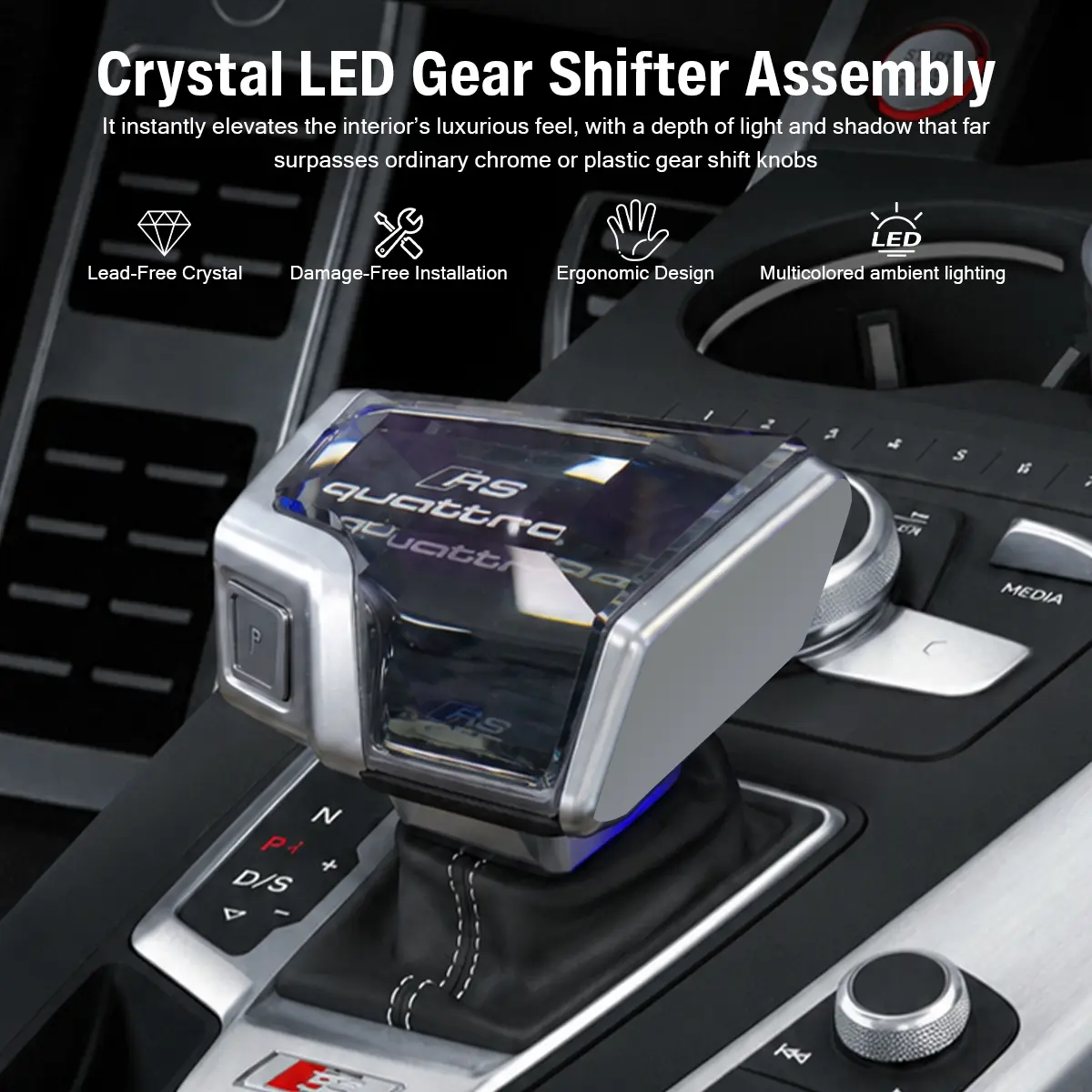 Crystal LED Gear Shifter Assembly with Multicolored Moving Glow Ambient Lighting, Ergonomic Lead Free Crystal Automatic Shift Knob Shifter Stick Lever for Performance Luxury Cars