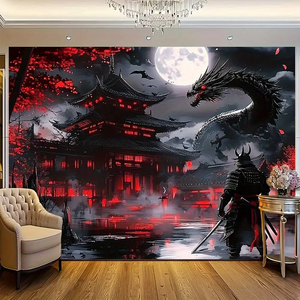 Japanese Retro Print Polyester Wall Tapestry - Decorative Antique Style Artwork with Samurai, Dragon, Red-Black Moonlight Medieval Fantasy Night Scene, Rustic Industrial Home Decoration, Machine Washable Animal-Themed Gift for Family, Room